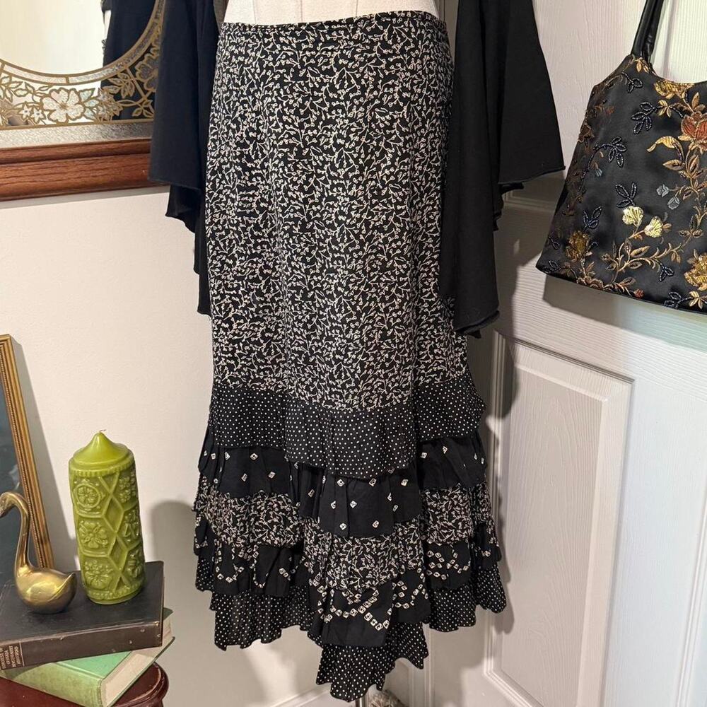 VTG 90s Claudia Richard Black & Cream Floral Lace Tiered Cotton Midi Skirt M
